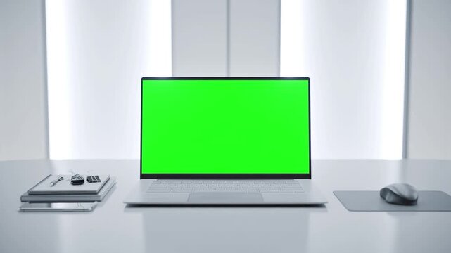 Laptop with Green Screen on White Desk in Modern Clean Tech Lab Interior