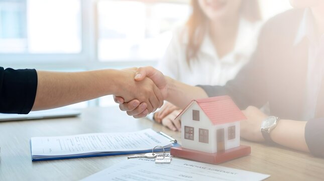 Real estate deal finalized with a handshake, a miniature house on a table, and blurred figures in the background, signifying a successful transaction