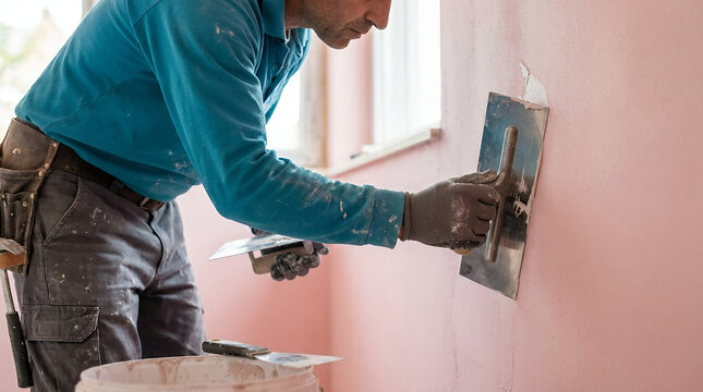 Man plastering a pastel pink wall with a trowel during interior renovation. Skilled finishing work creates a smooth surface for home improvement