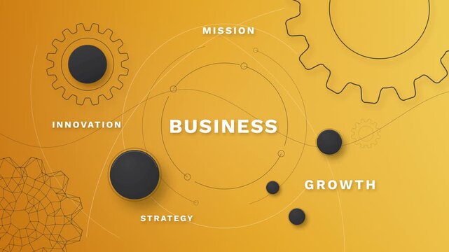 Business gears rotating on gold background with mission, innovation, strategy and growth words, corporate teamwork concept, company presentation intro