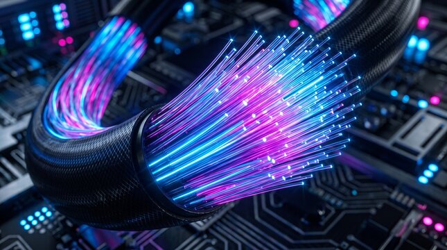 Vibrant Fiber Optic Cable Illuminating Data Transmission Through A Microchip Background