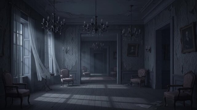 Haunted mansion living room featuring curtains blowing in wind with eerie lighting creating atmospheric dark video animation for horror background