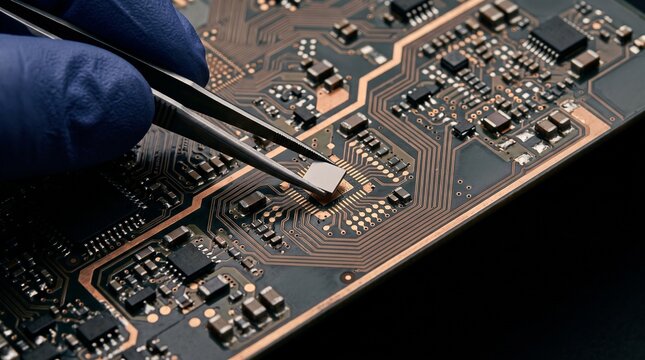 Precision microchip assembly on circuit board, technician using tweezers for electronic component repair, high-tech hardware engineering and manufacturing