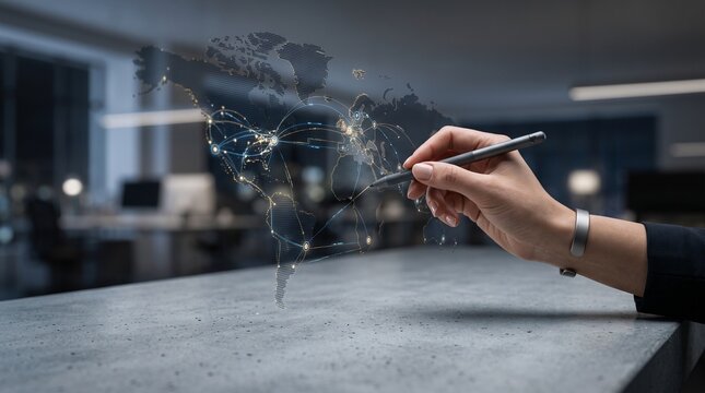 Global business network hologram over office desk, digital world map with glowing data connections, hand interacting with futuristic technology interface