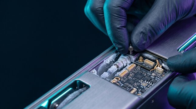 Electronic hardware repair with gloved hands, technician assembling circuit board components, futuristic microchip maintenance in neon lighting