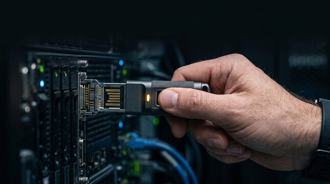 Male Hand Inserting A USB Security Key Into A Server Rack Port In A Dark Data Center Environment