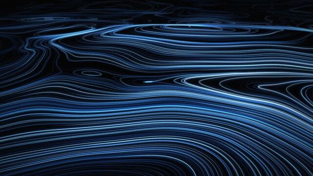 Glowing blue flow field lines moving in waves on dark background, abstract digital topographic contour animation, futuristic technology data backdrop