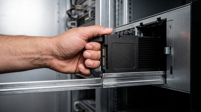 IT technician hand installing server hardware in data center rack, professional network administrator upgrading computer storage component, hardware maintenance in server room