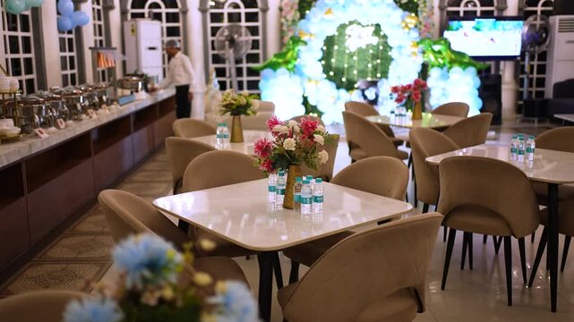 Empty banquet hall set for an Indian marriage celebration in Lucknow Uttar Pradesh