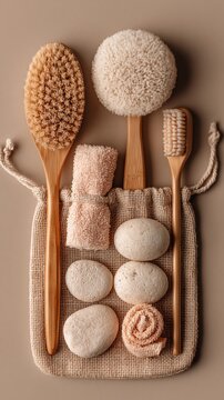 A flat lay of eco-friendly bath accessories including bamboo brushes, a sponge, pumice stones, and a towel on a burlap bag.