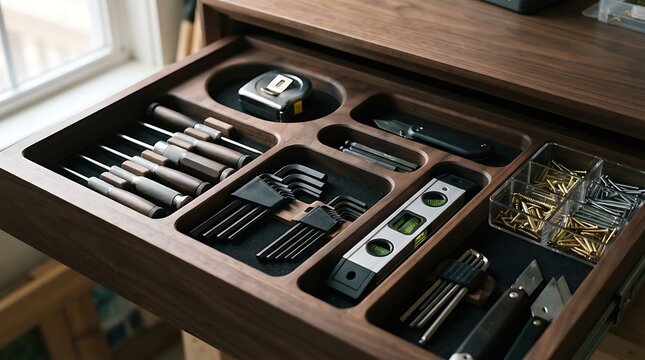 Open wooden tool drawer with organized screwdrivers level hardware