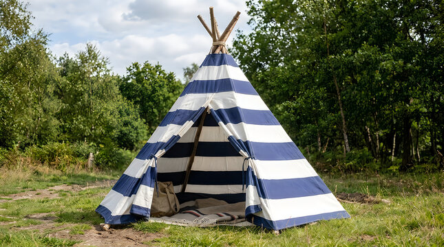Striped blue and white teepee tent in a green forest park illustration