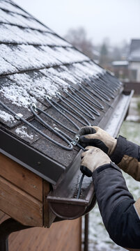 Installing roof deicing cable along snowy eaves