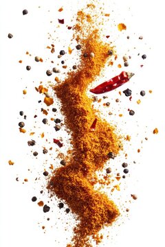 floating spice explosion, chili powder, turmeric, paprika, coriander seeds, isolated on white background