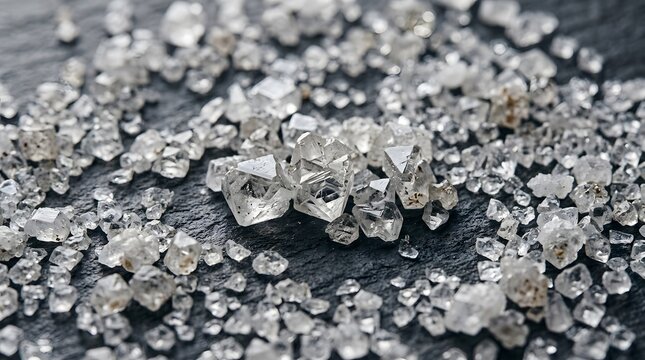 Raw Uncut Natural Diamonds Scattered Over A Dark Slate Surface Representing Geological Riches Extracted From The Earth Showing Genuine Gemstone Formation Before Cutting Polishing And Jewelry