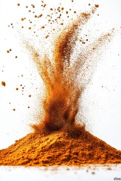 floating spice explosion, chili powder, turmeric, paprika, coriander seeds, isolated on white background