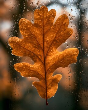 Single brown autumn leaf on rainy window pane