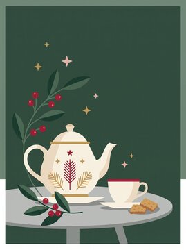 a flat vector christmas card illustration featuring a holiday teapot teacup and winter berry branch