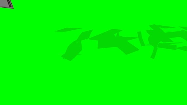 A 3D greenscreen animation of a stylized Thailand Thai Baht money stack completely breaking apart into flying banknotes. The THB notes rise through the air before falling like money rain, colliding wi