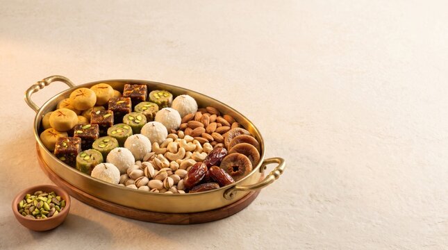 Assortment of indian sweets and dry fruits in a decorative platter, with copy space