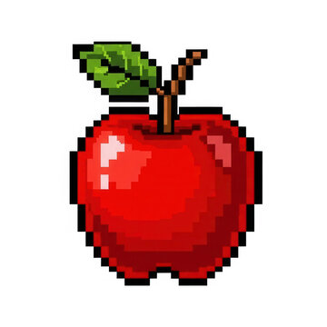 Red apple fruit icon designed in a classic 8 bit pixel art style isolated on transparent background