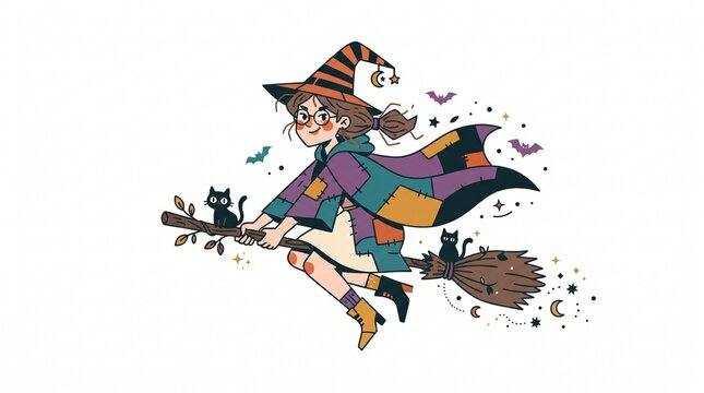 Witch flying on a broomstick accompanied by playful black cats during a magical night journey.