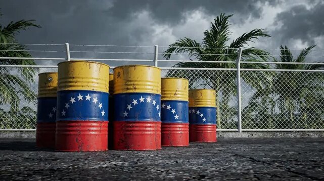 Venezuela oil barrels export concept: industrial fuel drums with national flag in tropical setting petroleum