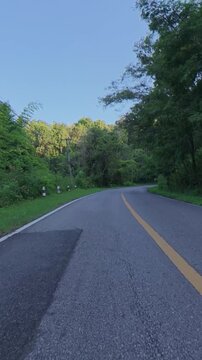 Scenic vertical video of a winding mountain road through dense tropical forest, featuring fresh asphalt, yellow center lines and curve warning signs.