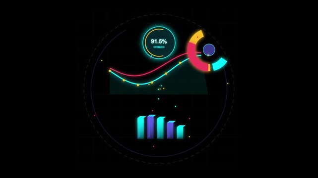 Futuristic HUD data visualization with animated charts and graphs, neon digital infographic interface, high-tech business analytics dashboard on black background