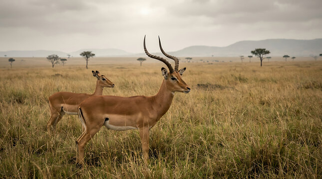 Majestic male impala antelope standing gracefully in the vast golden grasslands of the African savanna, with rolling hills and acacia trees under an overcast sky during daylight hours