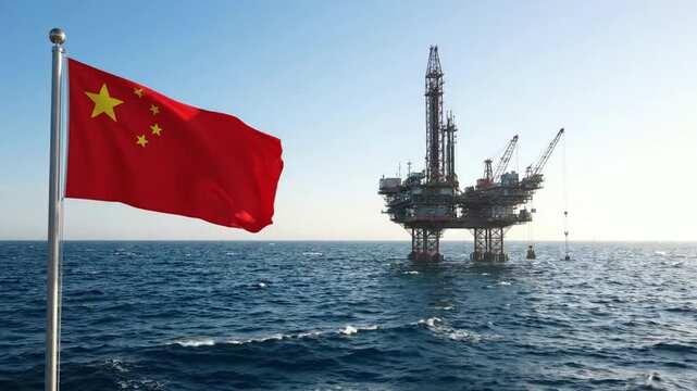 Chinese flag waving over offshore oil drilling rig in the ocean, energy industry and petroleum production concept