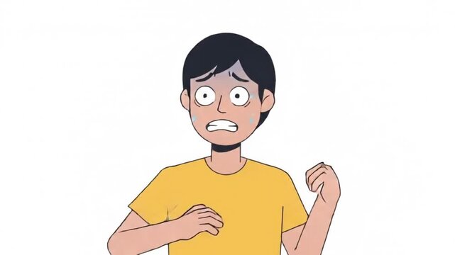 Young man exhibits a facial expression of extreme anxiety and intense nervousness as he reacts to an unexpected and stressful life situation.