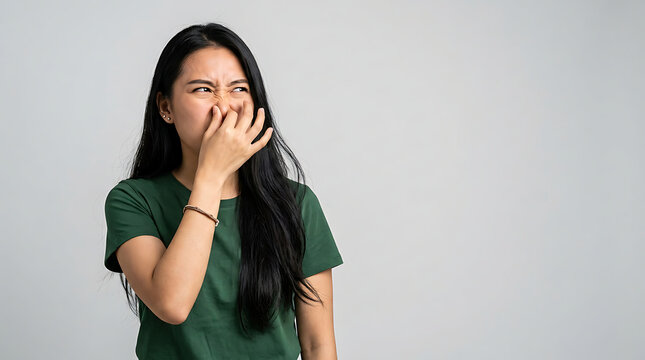 An Asian woman pinches her nose with her fingers to block a foul stench while expressing extreme disgust and disapproval due to a terrible smell drifting through the air around her room