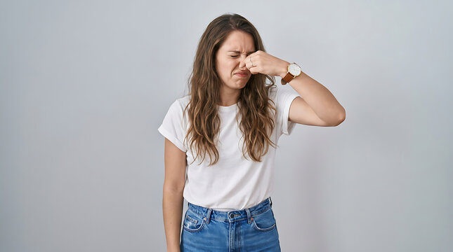 A young woman pinching her nose due to an unpleasant smell while wearing a casual outfit indoors, demonstrating disgust and discomfort from a foul odor during her daily routine at home