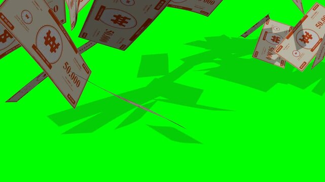 A 3D greenscreen animation of a stylized South Korean Won money stack completely breaking apart into flying banknotes. The entire stack disappears as the Won notes spread through the frame and settle