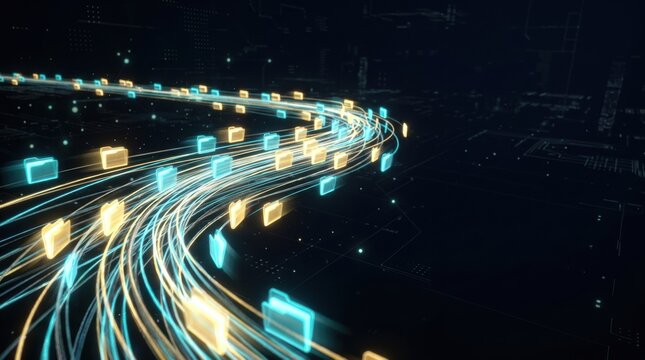 Futuristic cloud data migration showing Fiber optic data stream transpor uploading digital streams into enterprise server racks