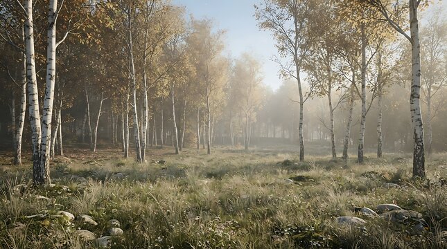 Sunlit autumn birch forest with golden leaves birch trees fall season morning sun nature landscape woodland scenery autumnal colors forest path sunny morning yellow leaves tree trunk