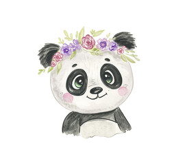 Cute watercolor panda - cute little panda bear with floral crown, purple flowers, green leaves. Illustration for nursery, baby shower, children card. Isolated on white background © NATALIA