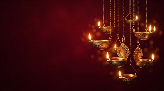 A beautiful festive background featuring glowing traditional oil lamps hanging in the dark to celebrate the auspicious and bright hindu festival of lights happy diwali