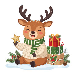 Fototapeta premium Cute christmas deer mascot character holding golden star with wrapped gifts in winter
