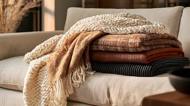 Cozy living room sofa with folded autumn blankets and throws