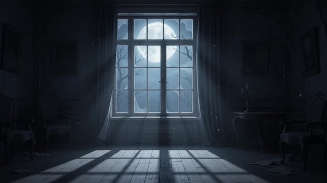 Eerie dark haunted mansion room with moonlight streaming through windows casting shadows across floorboards in this spooky horror video animation