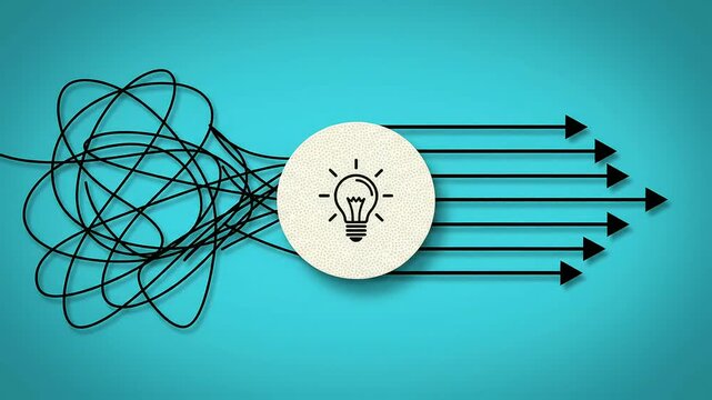 Tangled scribbles untangling into light bulb and directional arrows