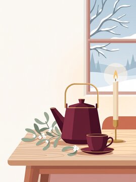 a flat vector illustration of a cozy christmas tea set by a snowy winter window