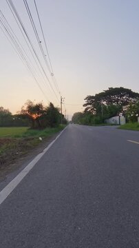Peaceful rural road at sunrise, with green farmland, utility poles, tropical trees and warm morning light creating a scenic countryside travel atmosphere.
