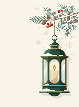 a flat vector illustration of a hanging lantern and pine branch for a christmas greeting