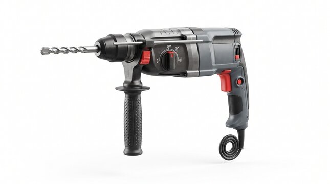 Electric rotary hammer drill with gray and black body, red switches and trigger, side auxiliary handle, depth gauge rod, SDS masonry drill bit, mode selector dial for drilling and hammering, power cor