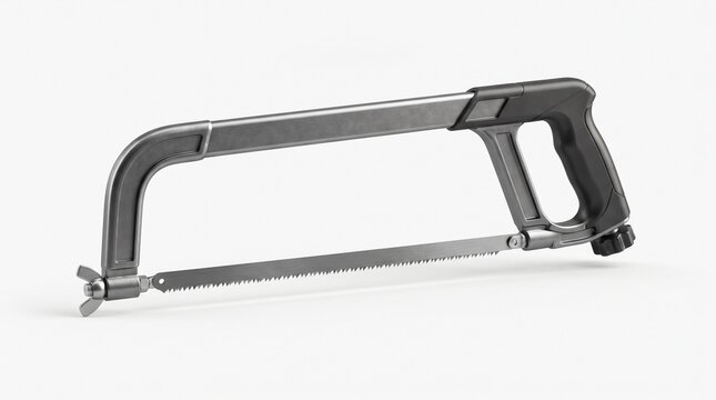 Metal hacksaw with black ergonomic pistol grip handle, adjustable C-shaped frame, fine-toothed steel blade secured by wingnut and tension knob, hand cutting tool isolated on white background.