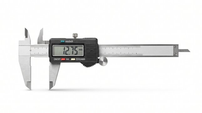 Digital vernier caliper with stainless steel jaws, black electronic body, LCD display showing 12.75 mm measurement, mm/inch button, ON/OFF and ZERO/ABS controls, precision measuring tool on white back