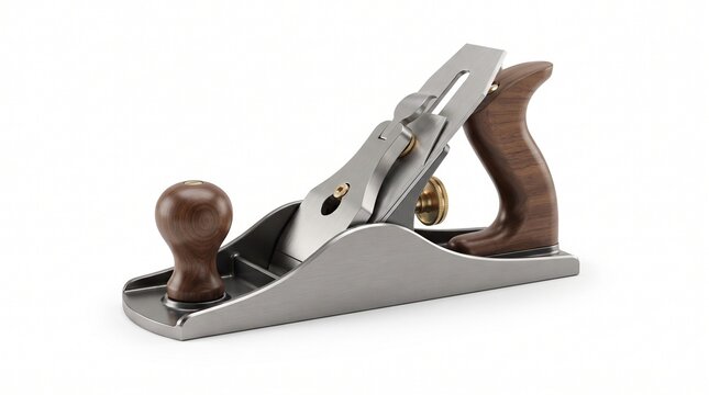 Traditional woodworking jack plane with stainless steel body, polished wooden tote and front knob, brass adjustment wheel, angled blade assembly, classic hand tool isolated on white background.